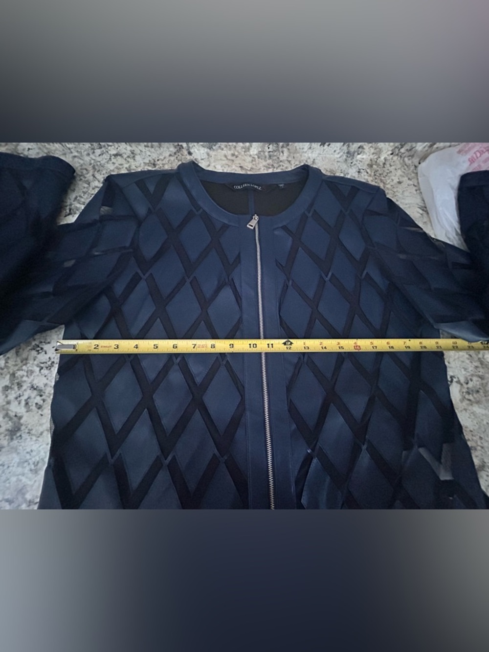 Colleen Lopez Navy Blue Faux Leather & Mesh Diamond Cutout Jacket Size L - Picture 9 of 10